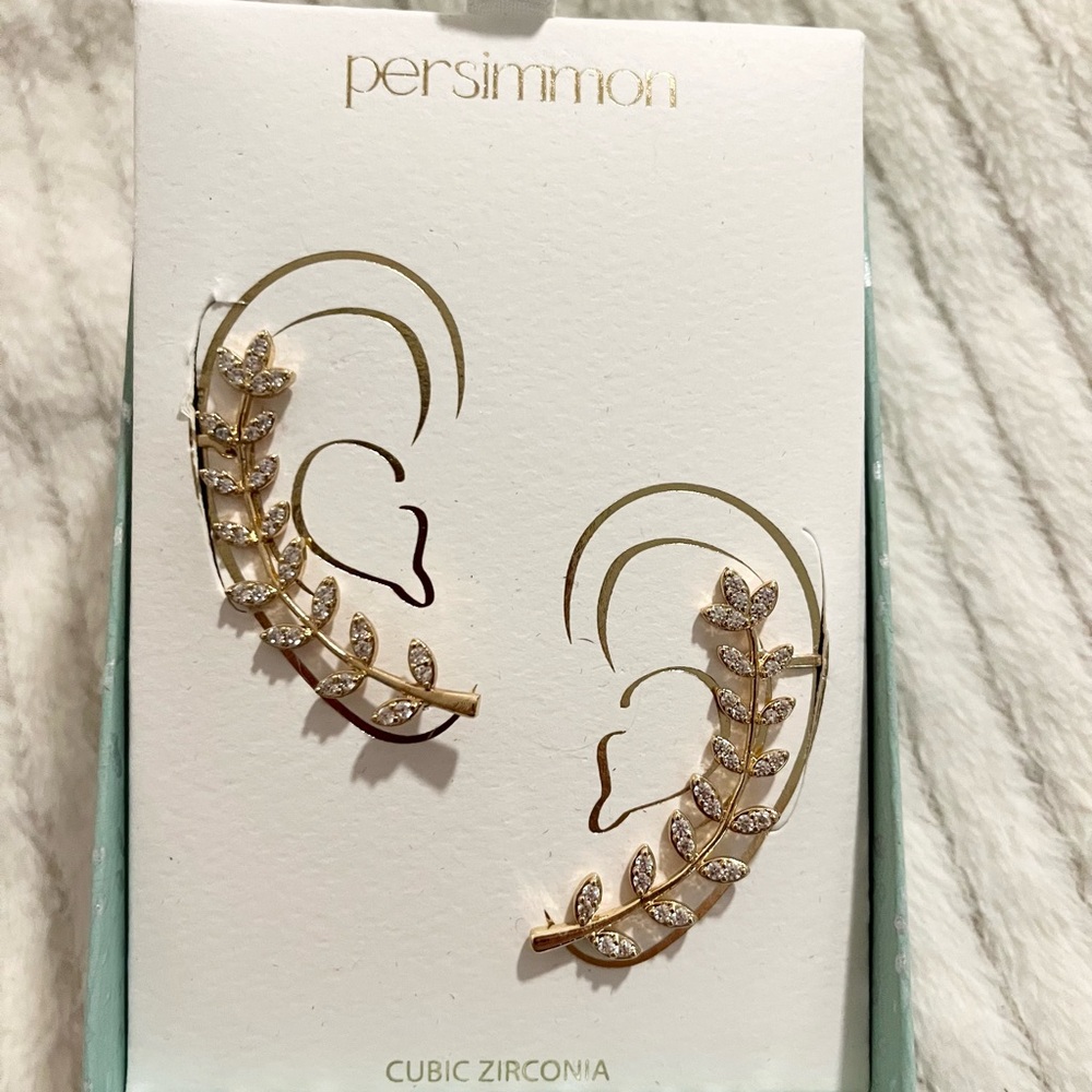 Gold Cubic Zirconia Leaf Climber Earrings